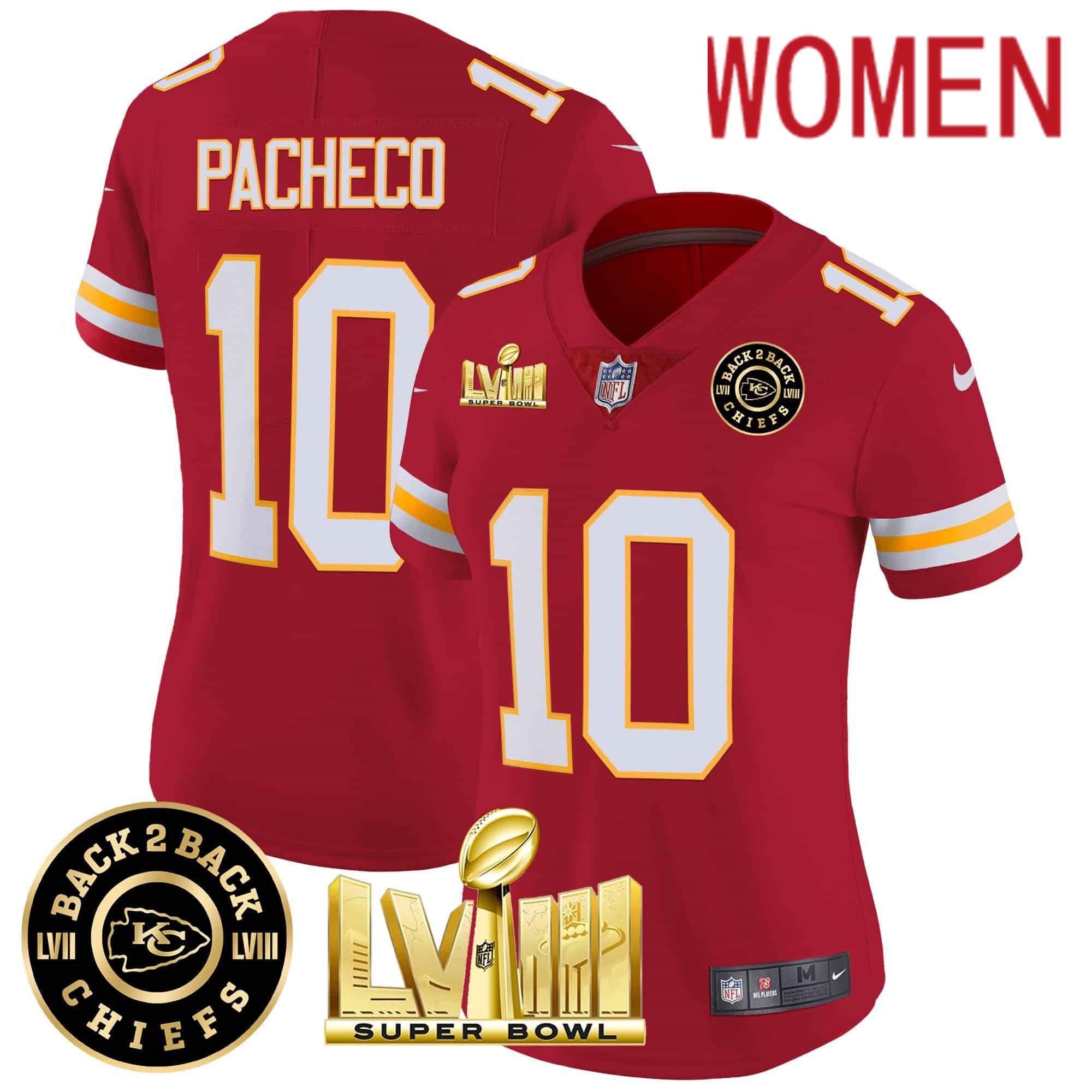Women Kansas City Chiefs 10 Pacheco Red 2024 Nike Super Bowl LVIII & Back 2 Back Patch Vapor NFL Jersey style 3